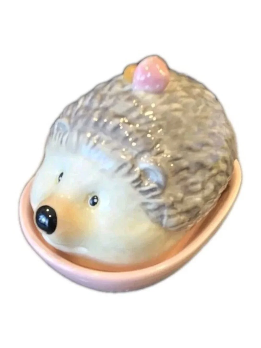 New Ceramic Funny Girl Hedgehog W/ Pink Mushroom Kitchen Butter Dish